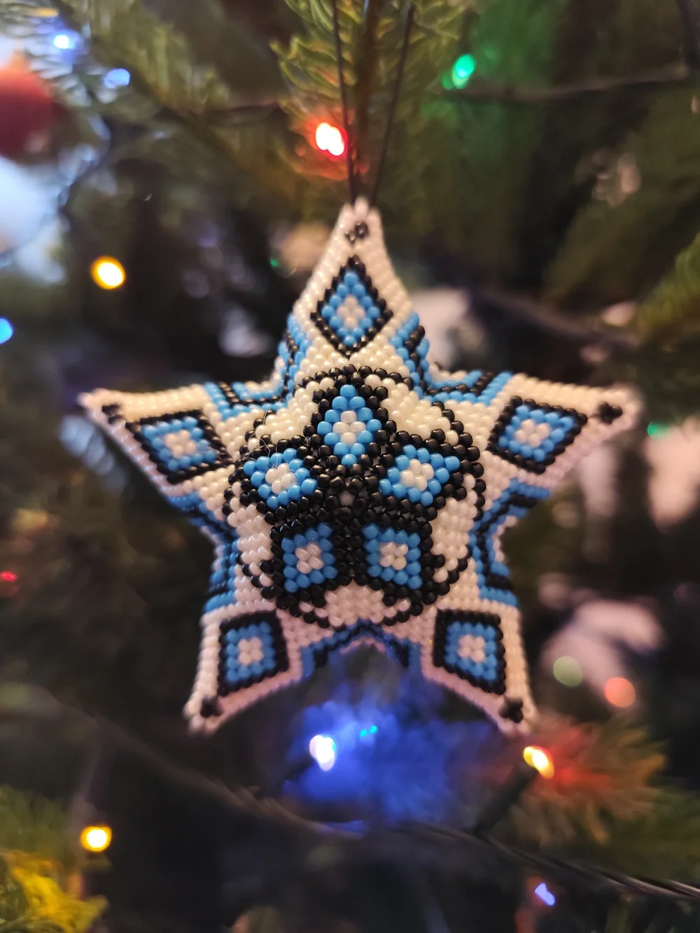 Blue, White & Black Beaded Star Ornament - Holiday Tree Accent